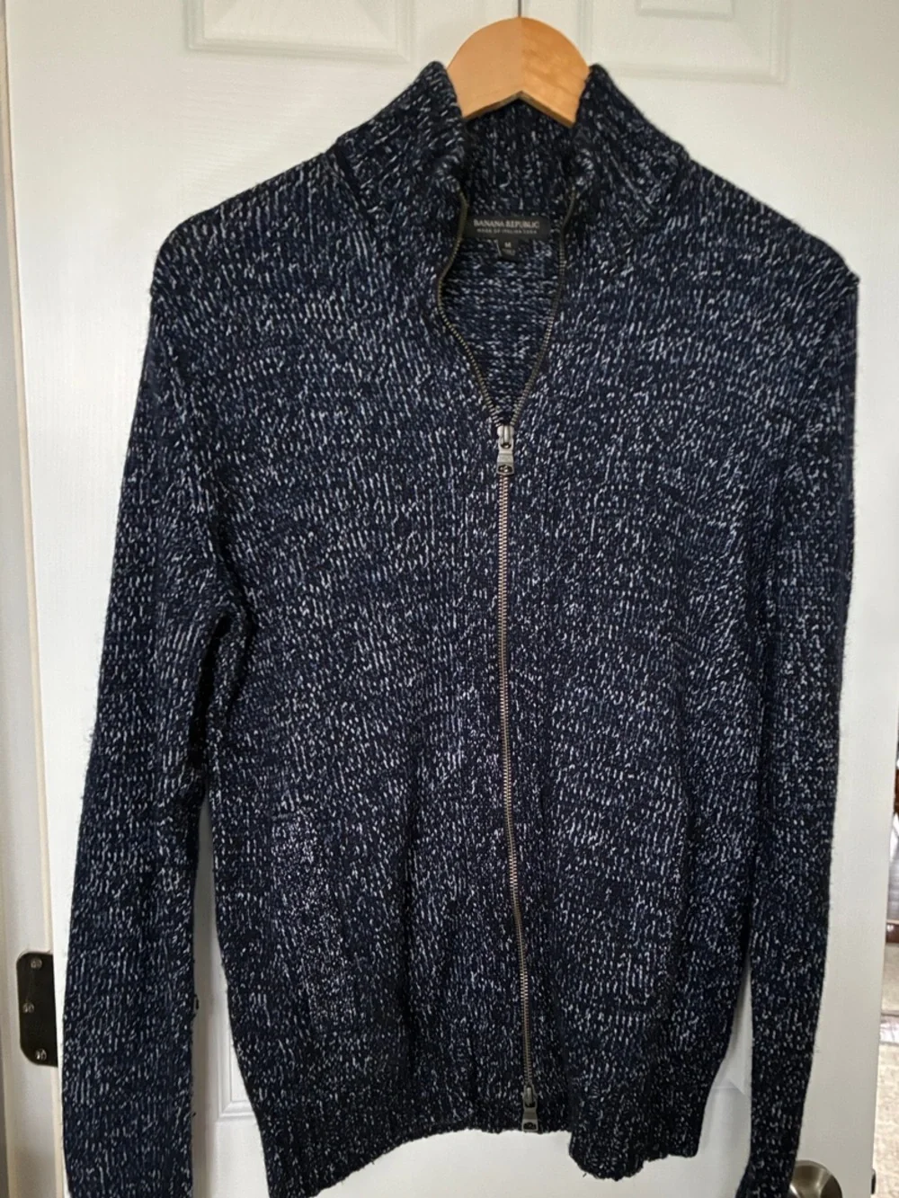 Banana Republic Navy & White Marled Zip-Up Sweater